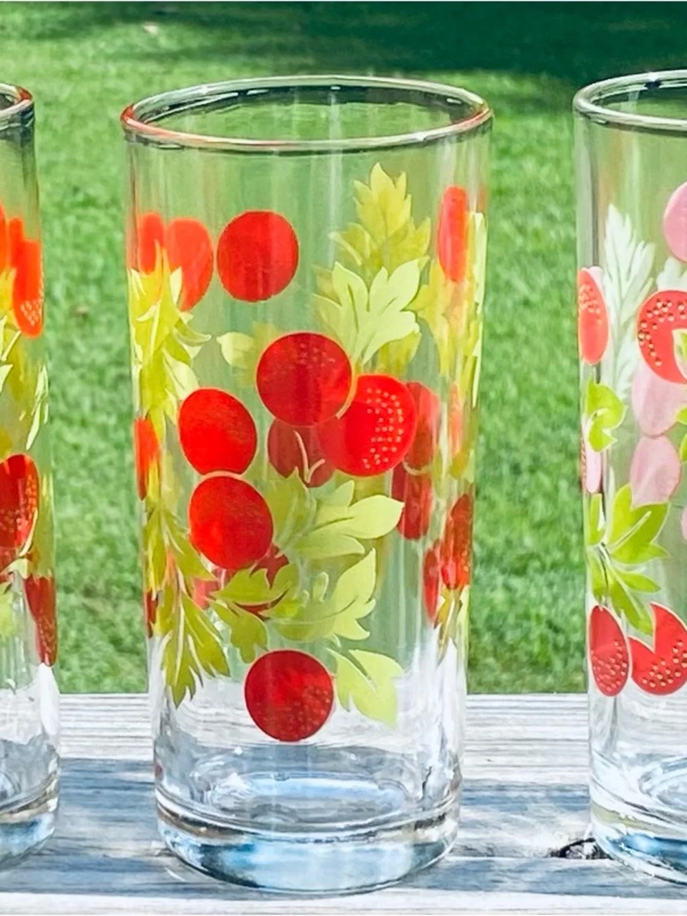Vintage Cherry-Print Highball Juice Glasses - Set of 3  with T&W stamp